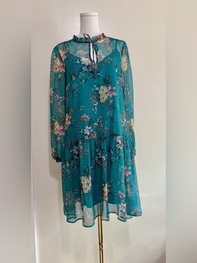 Maeve Teal Floral Tie-Neck Long-Sleeve Dress